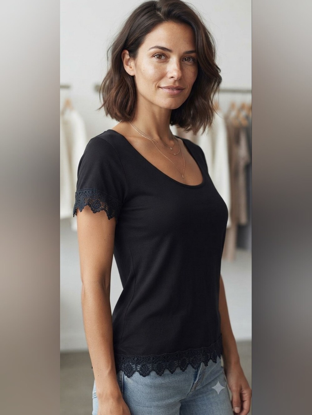 Empyre Black Scoop Neck Top with Crochet Lace Trim - Size XS